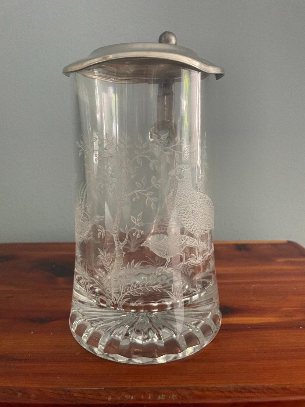 Vintage Alwe Glass Beer Stein Lid Etched Pheasants